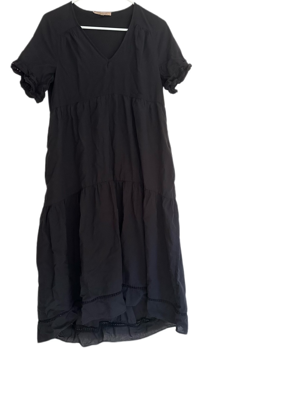 My Danielle | Black Cotton V-Neck Tiered Midi Dress
